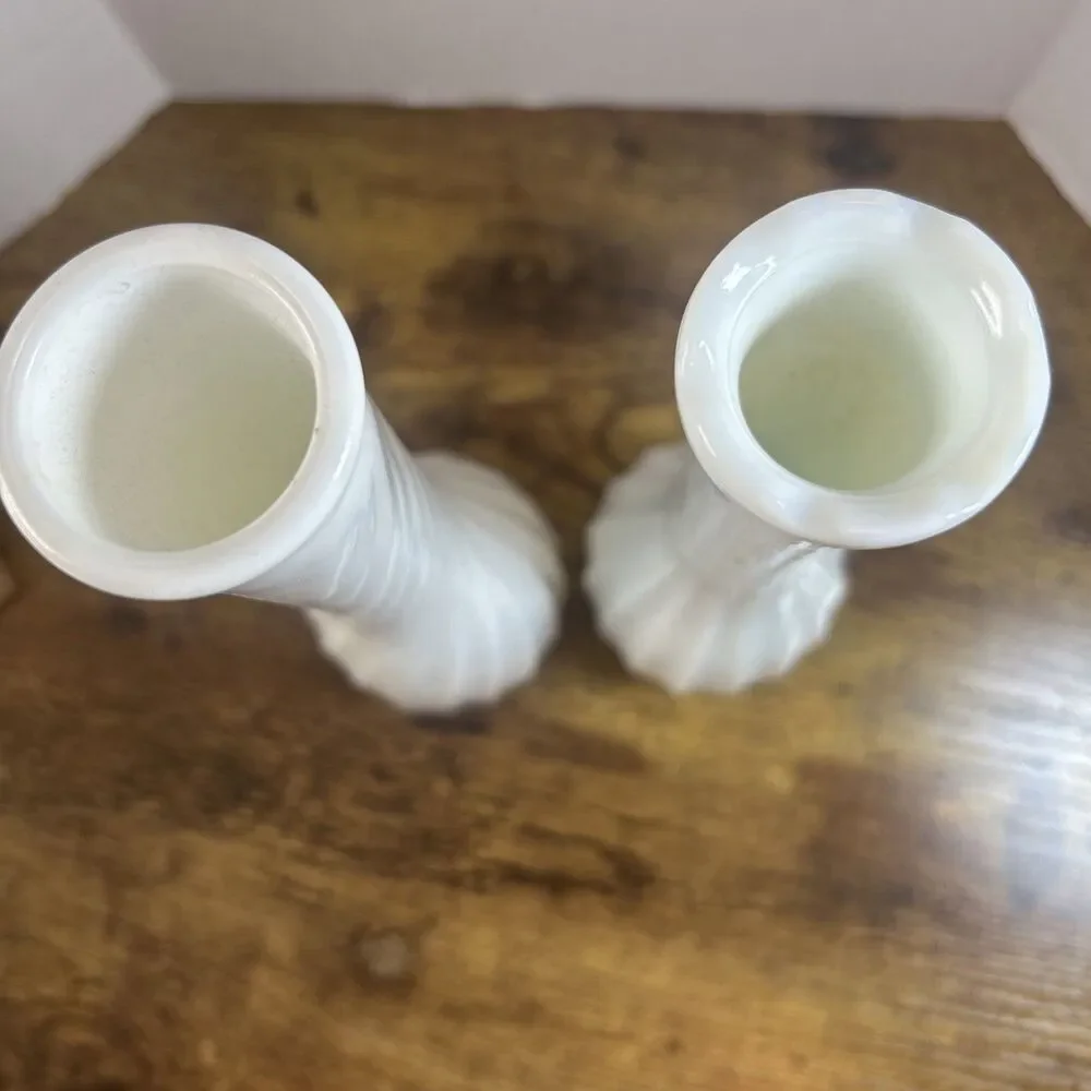 Hoosier Swirl White Milk Glass Vase 10” & CLG Ribbed Vase 9.75” Vintage Set of 2